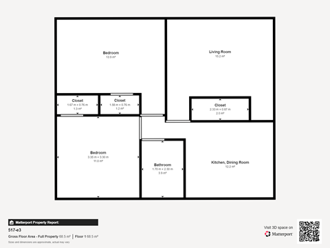 Floor plan for 2 beds, 1 bath, 742 sqft